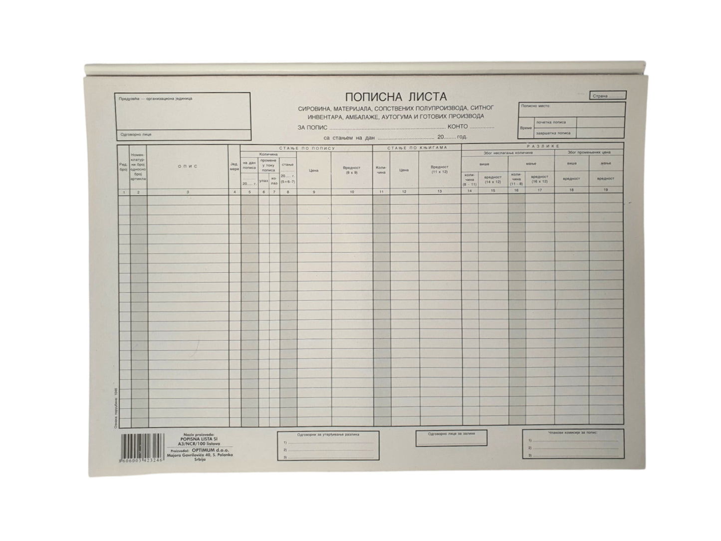 Popisna lista sitnog inventara A3 NCR